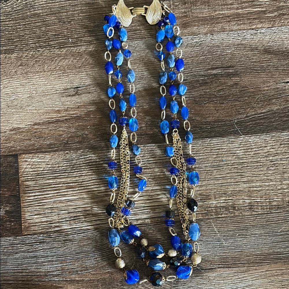 Vintage  Blue and Gold Beaded Necklace